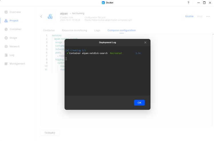 Deployment log after clicking deploy now